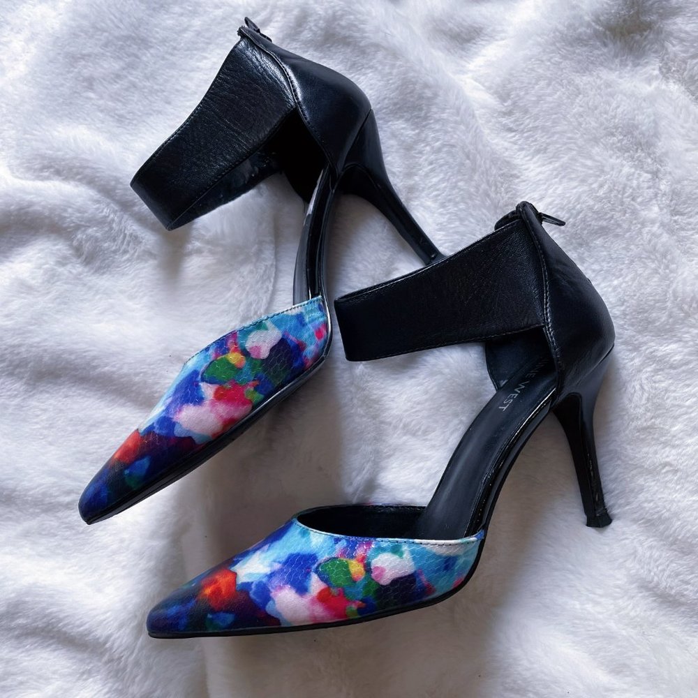 Nine West Black Ankle Strap Heels with Multicolor Floral Pointed Toe